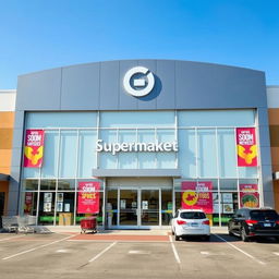 A modern supermarket building exterior showcasing a sleek architectural design with large glass windows and automatic sliding doors