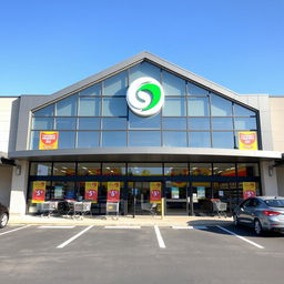 A modern supermarket building exterior showcasing a sleek architectural design with large glass windows and automatic sliding doors