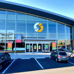 A modern supermarket building exterior showcasing a sleek architectural design with large glass windows and automatic sliding doors