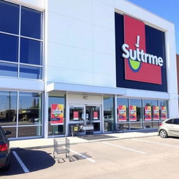 A modern supermarket building exterior showcasing a sleek architectural design with large glass windows and automatic sliding doors