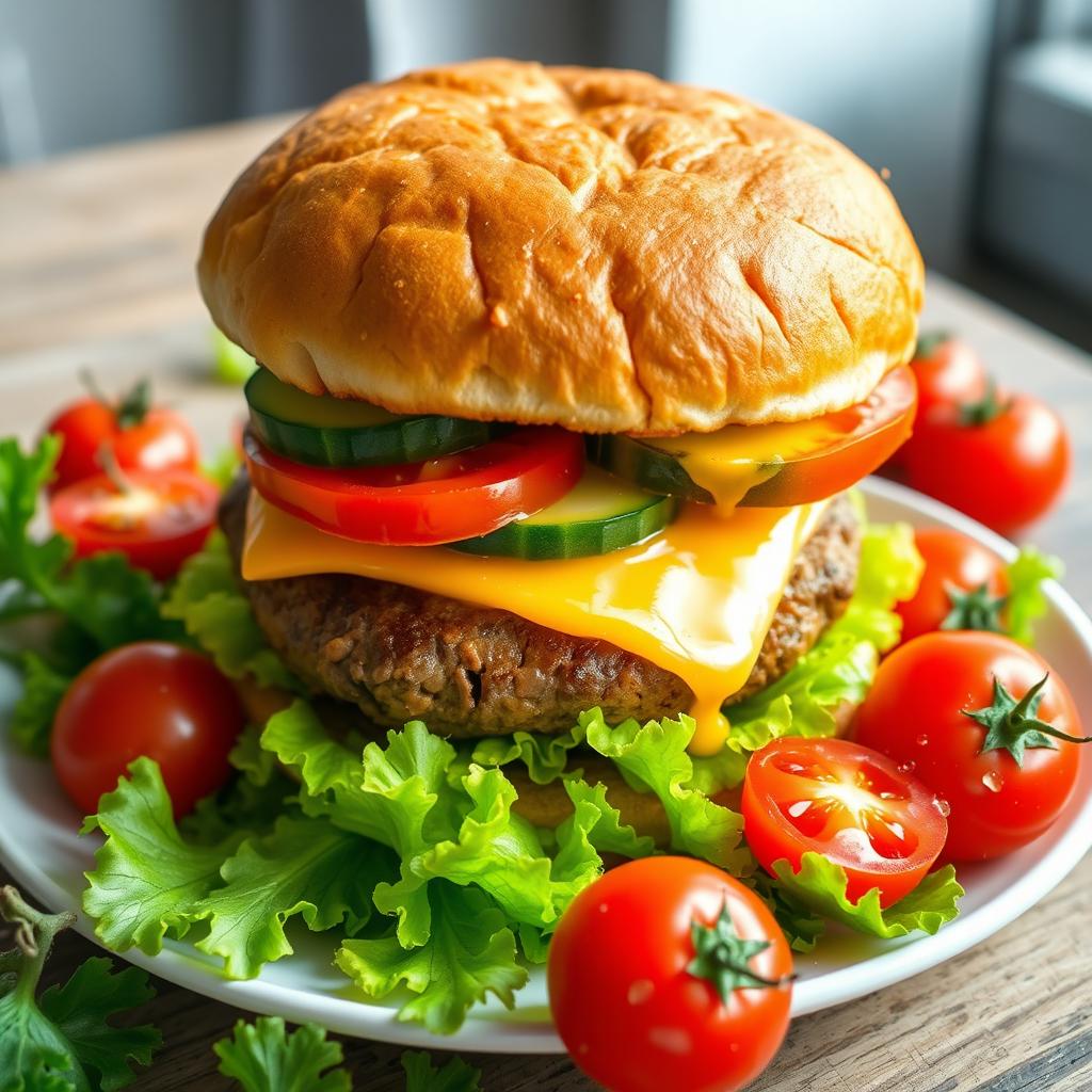 A highly detailed image of a large double burger with cheese, cucumber, and tomato