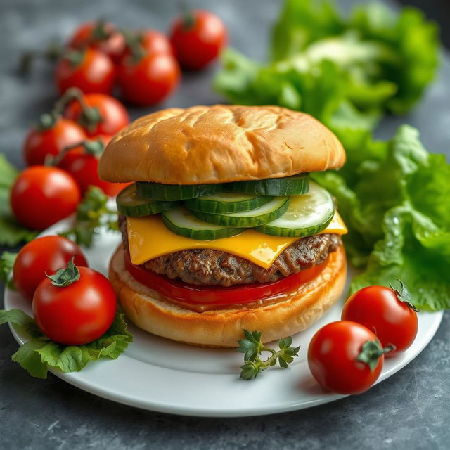 A highly detailed image of a large double burger with cheese, cucumber, and tomato