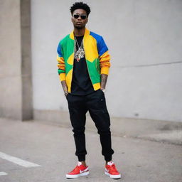 A vibrant and edgy outfit for a black male urban artist