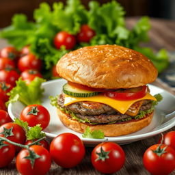 A highly detailed image of a large double burger with cheese, cucumber, and tomato