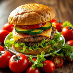 A highly detailed image of a large double burger with cheese, cucumber, and tomato