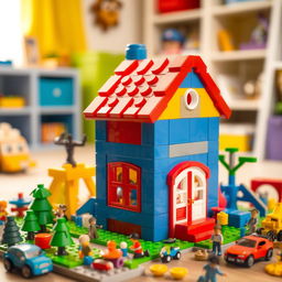 A colorful toy building set in a playroom, featuring interlocking bricks forming a vibrant little house with a red roof and blue walls