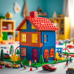 A colorful toy building set in a playroom, featuring interlocking bricks forming a vibrant little house with a red roof and blue walls