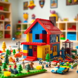 A colorful toy building set in a playroom, featuring interlocking bricks forming a vibrant little house with a red roof and blue walls