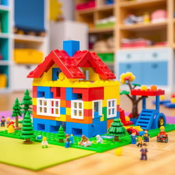 A colorful toy building set in a playroom, featuring interlocking bricks forming a vibrant little house with a red roof and blue walls