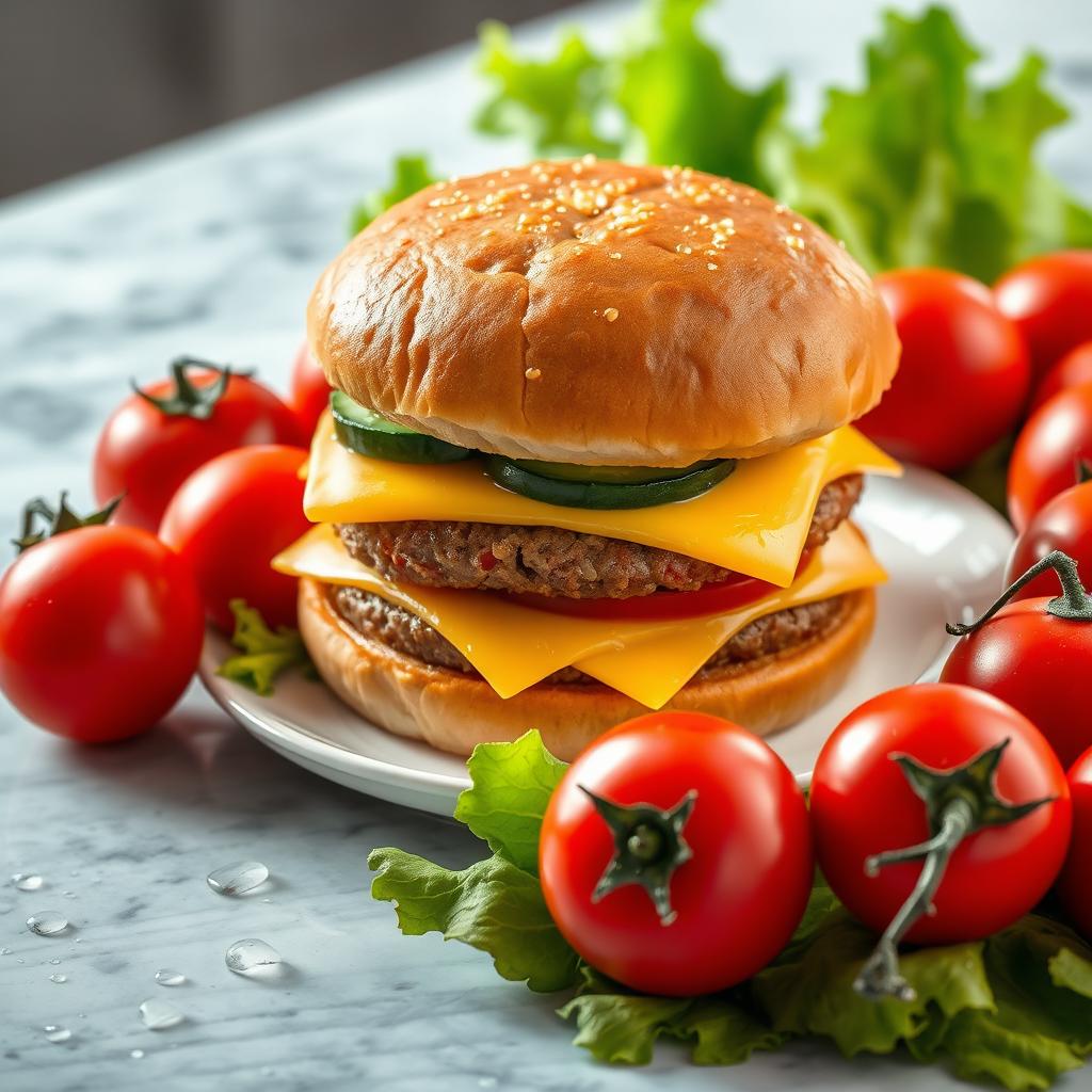 A highly detailed image of a large double burger with cheese, cucumber, and tomato