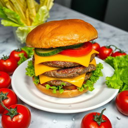 A highly detailed image of a large double burger with cheese, cucumber, and tomato