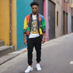 A vibrant and edgy outfit for a black male urban artist