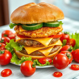 A highly detailed image of a large double burger with cheese, cucumber, and tomato