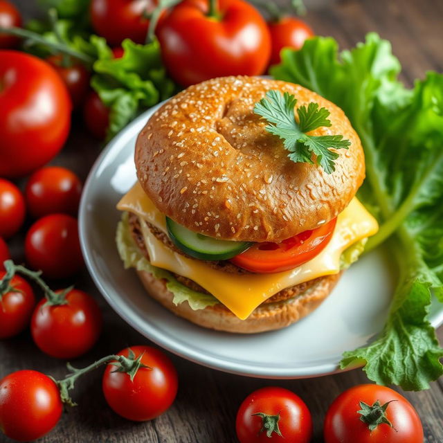 A highly detailed image of a large double burger with cheese, cucumber, and tomato