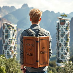 A young European architect with blond hair stands with his back towards us, featuring a unique backpack shaped like a book inscribed with 'House of Vastu'