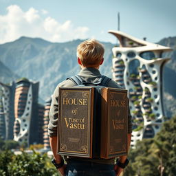 A young European architect with blond hair stands with his back towards us, featuring a unique backpack shaped like a book inscribed with 'House of Vastu'