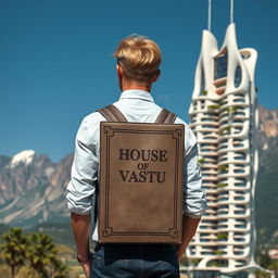 A young European architect with blond hair stands with his back towards us, featuring a unique backpack shaped like a book inscribed with 'House of Vastu'