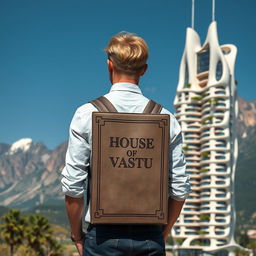 A young European architect with blond hair stands with his back towards us, featuring a unique backpack shaped like a book inscribed with 'House of Vastu'