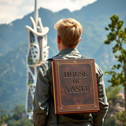 A young European architect with blond hair stands with his back towards us, featuring a unique backpack shaped like a book inscribed with 'House of Vastu'