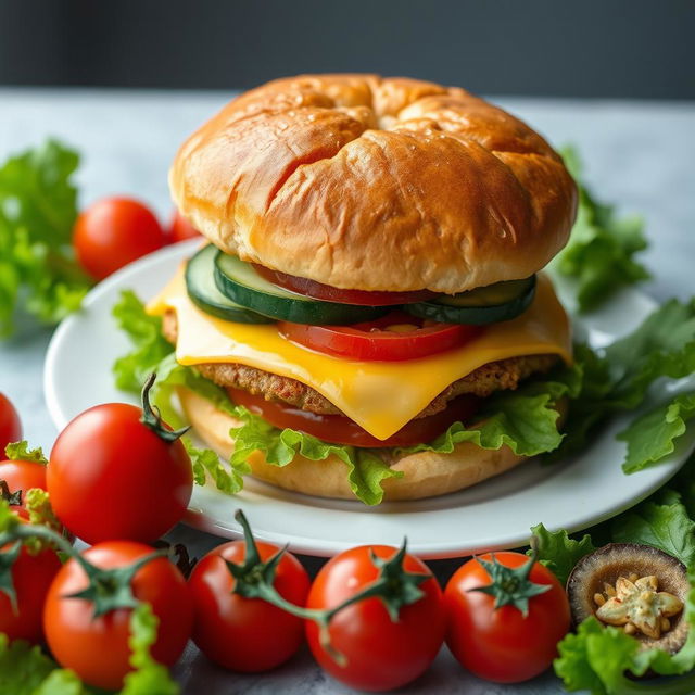 A highly detailed image of a large double burger with cheese, cucumber, and tomato