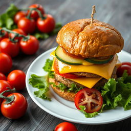 A highly detailed image of a large double burger with cheese, cucumber, and tomato