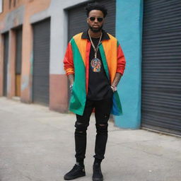 A vibrant and edgy outfit for a black male urban artist