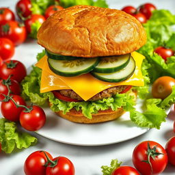 A highly detailed image of a large double burger with cheese, cucumber, and tomato