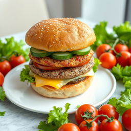 A highly detailed image of a large double burger with cheese, cucumber, and tomato