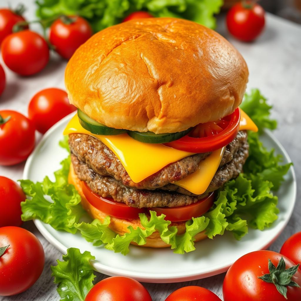 A highly detailed image of a large double burger with cheese, cucumber, and tomato