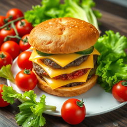 A highly detailed image of a large double burger with cheese, cucumber, and tomato