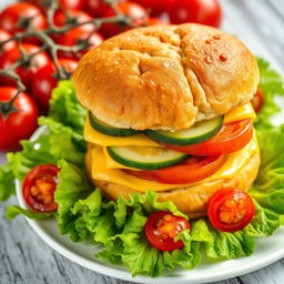 A highly detailed image of a large double burger with cheese, cucumber, and tomato