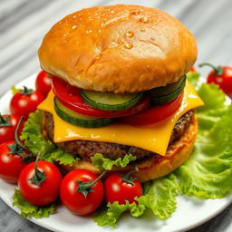 A highly detailed image of a large double burger with cheese, cucumber, and tomato