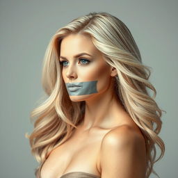 A beautiful blonde woman with lush, flowing hair, her expression enigmatic as her mouth is covered with duct tape