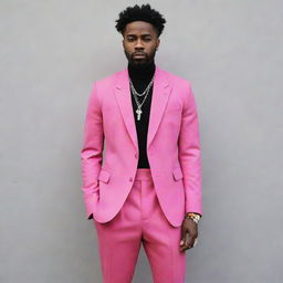 A vibrant, edgy, and pink-colored outfit for a black male urban artist