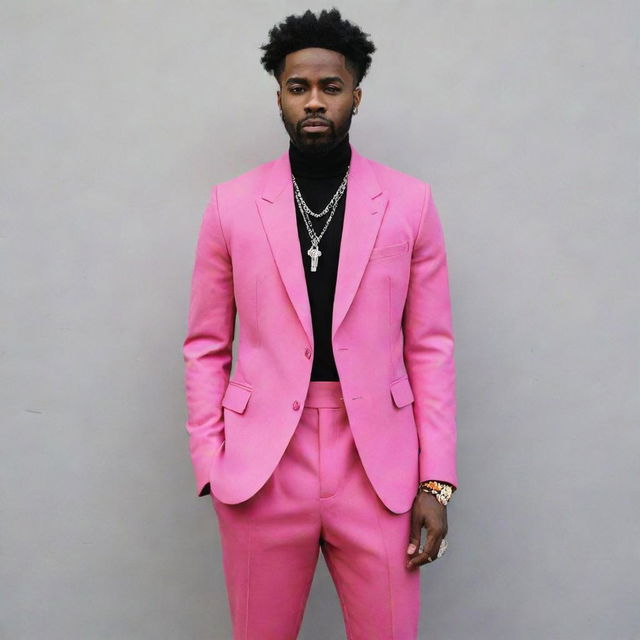 A vibrant, edgy, and pink-colored outfit for a black male urban artist