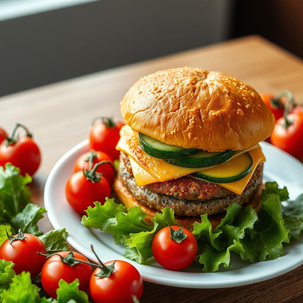 A highly detailed image of a large double burger with cheese and cucumber