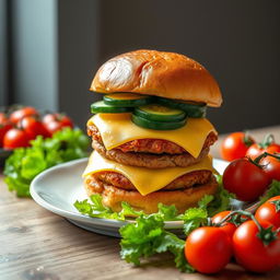 A highly detailed image of a large double burger with cheese and cucumber