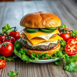 A highly detailed image of a large double burger with cheese and cucumber