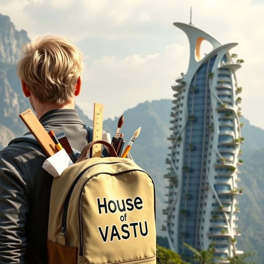 A young European architect with blond hair stands with his back to viewers, sporting a tourist backpack marked prominently with the words 'House of Vastu'