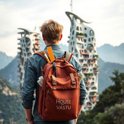 A young European architect with blond hair stands with his back to viewers, sporting a tourist backpack marked prominently with the words 'House of Vastu'