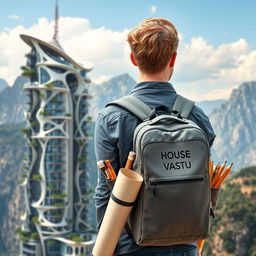 A young European architect with blond hair stands with his back to viewers, sporting a tourist backpack marked prominently with the words 'House of Vastu'