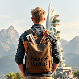 A young European architect with blond hair stands with his back to viewers, sporting a tourist backpack marked prominently with the words 'House of Vastu'