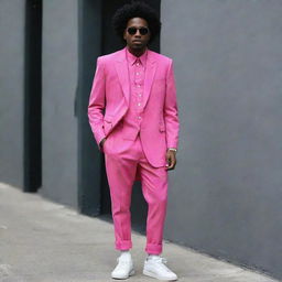 A vibrant, edgy, and pink-colored outfit for a black male urban artist