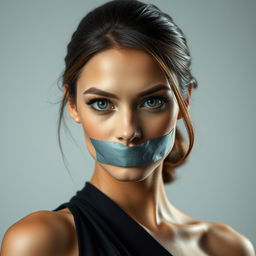 A captivating woman with stunning features and a serene expression, her mouth covered with duct tape, evoking a sense of mystery