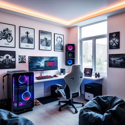 A modern and stylish gamer's room designed with a sober and cool aesthetic