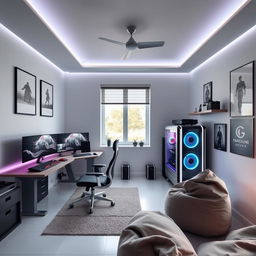 A modern and stylish gamer's room designed with a sober and cool aesthetic