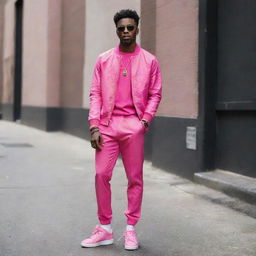 A vibrant, edgy, and pink-colored outfit for a black male urban artist