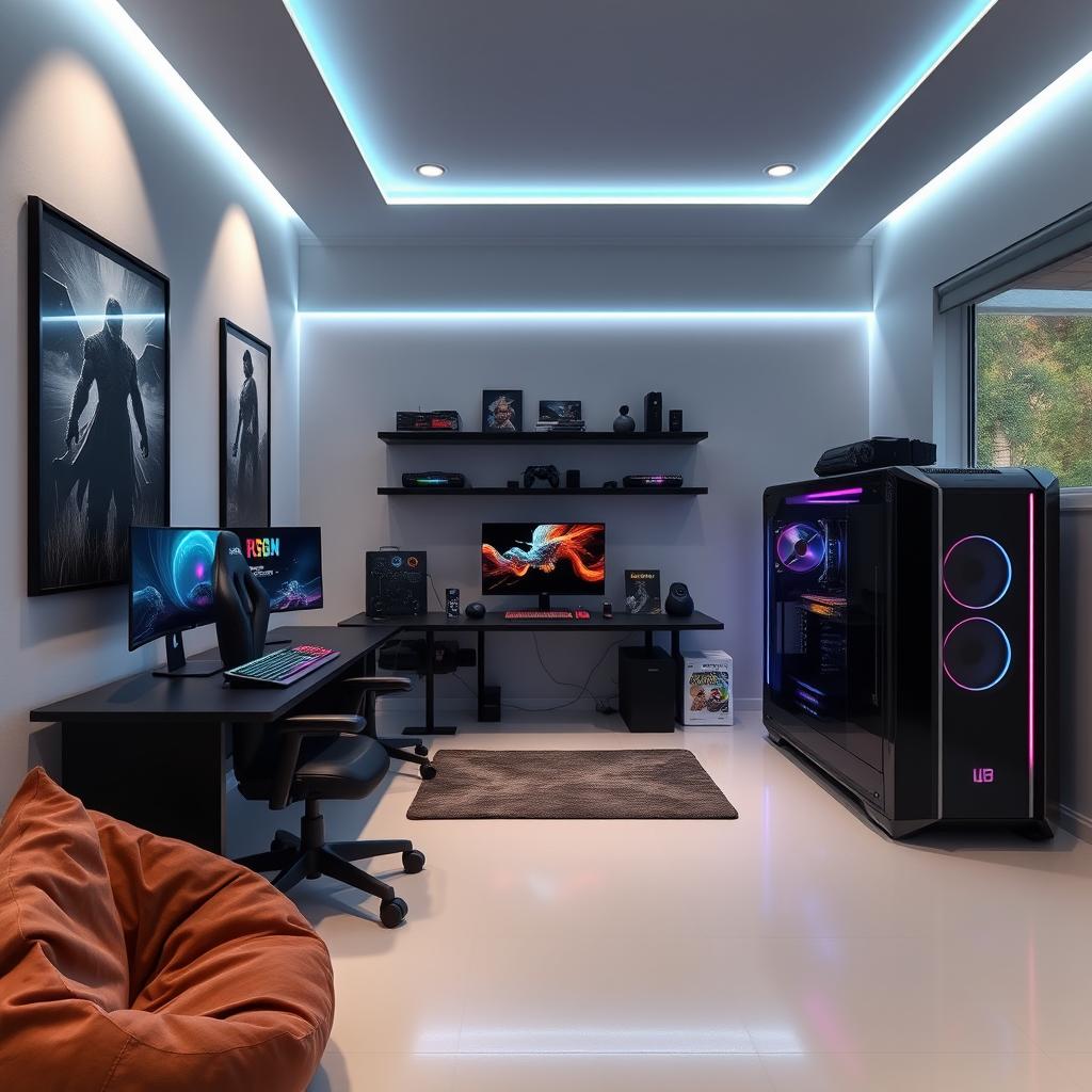 A modern and stylish gamer's room designed with a sober and cool aesthetic