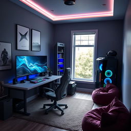 A modern and stylish gamer's room designed with a sober and cool aesthetic
