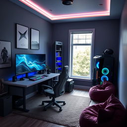 A modern and stylish gamer's room designed with a sober and cool aesthetic